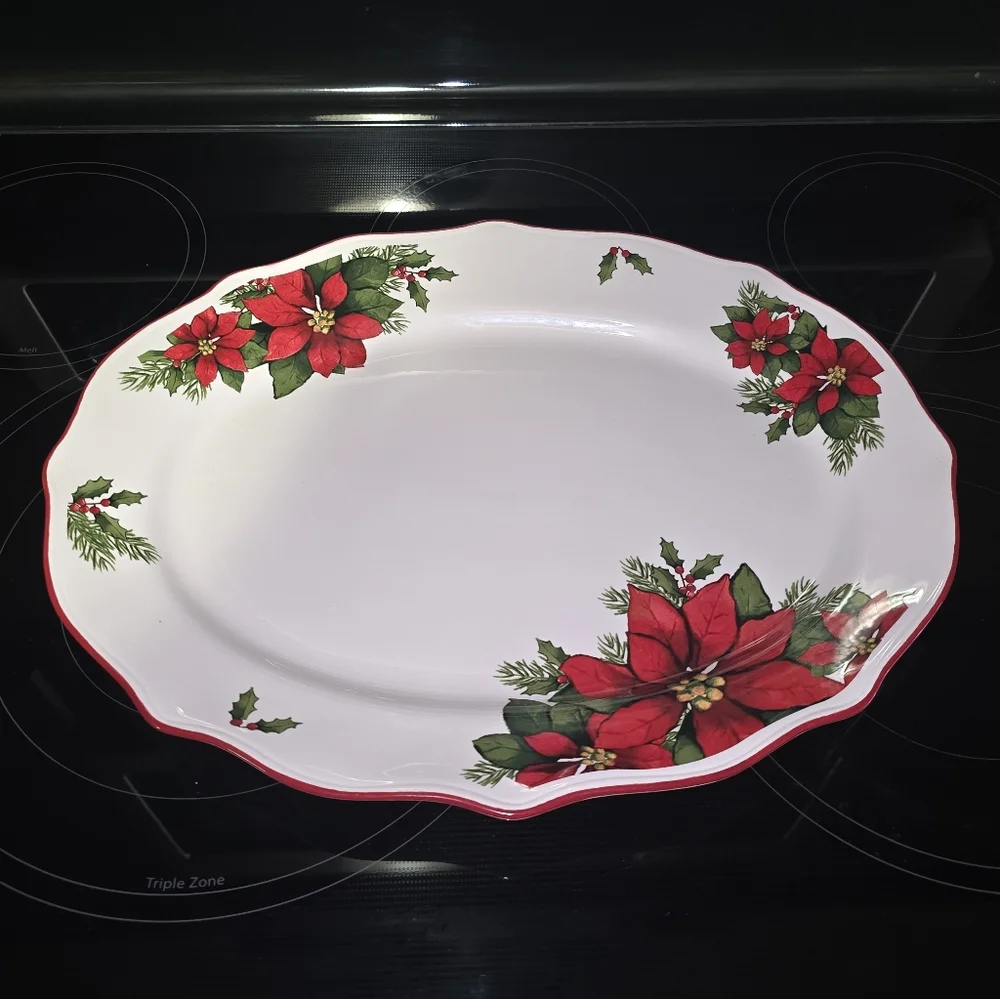 Better Homes and Gardens Creamware 15" Oval Serving Platter Poinsettia - Picture 9 of 13